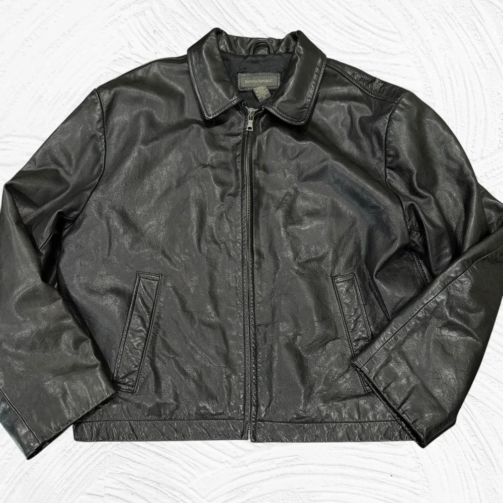 Banana Republic Leather Jacket Mens XLarge Black Classic Moto‎ Bomber Full Zip